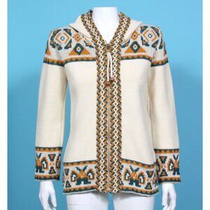 Vtg SABRA 70s Nordic Bug Insect Print Zip Cream Hooded Cardigan Sweater sz M 517